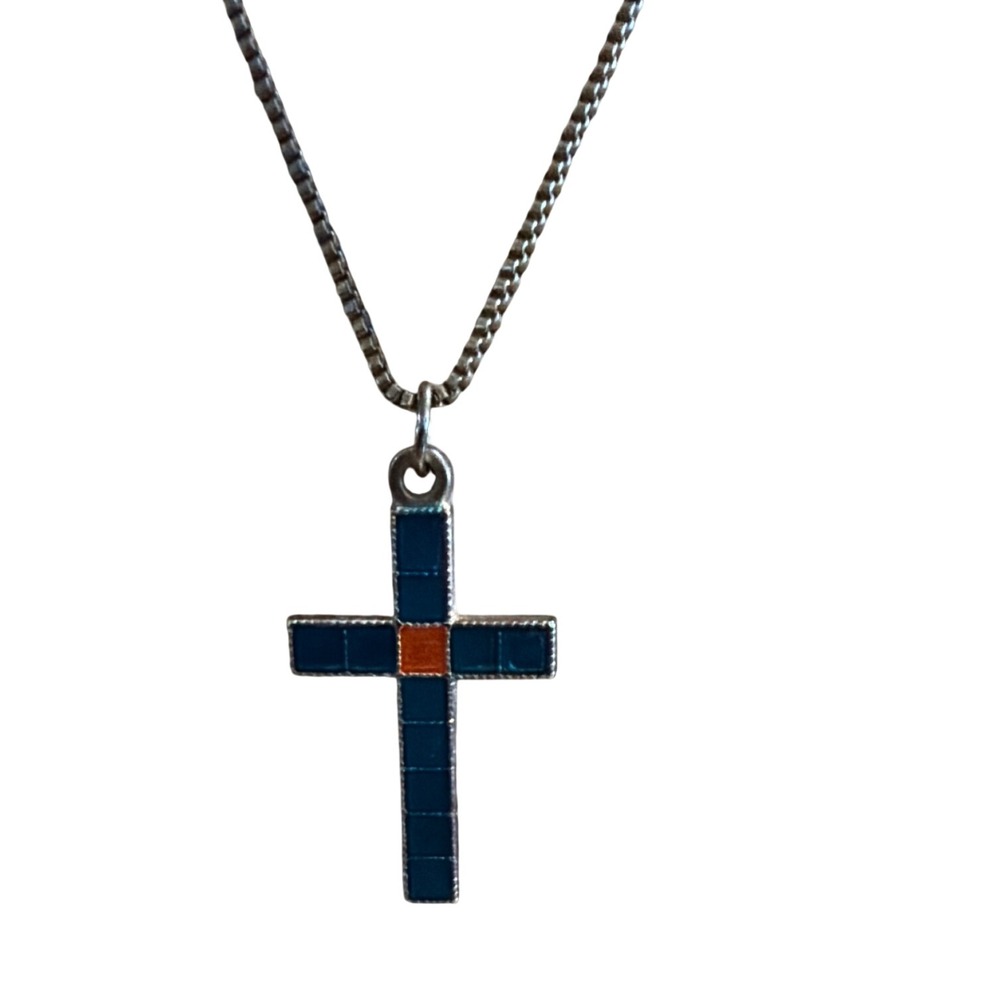 Blue and Orange Enamel Mosaic Cross Pendant Necklace Silver Tone Box Chain